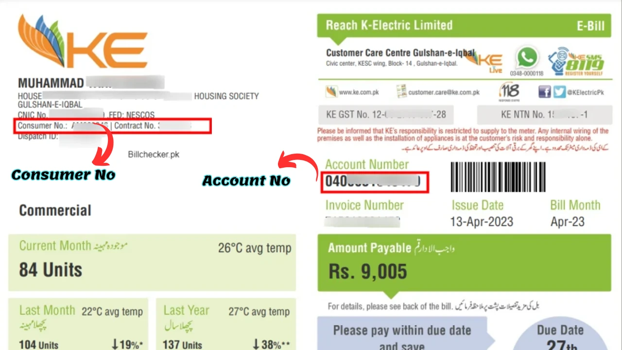 K-Electric Bill showing Account Number and Consumer Number location